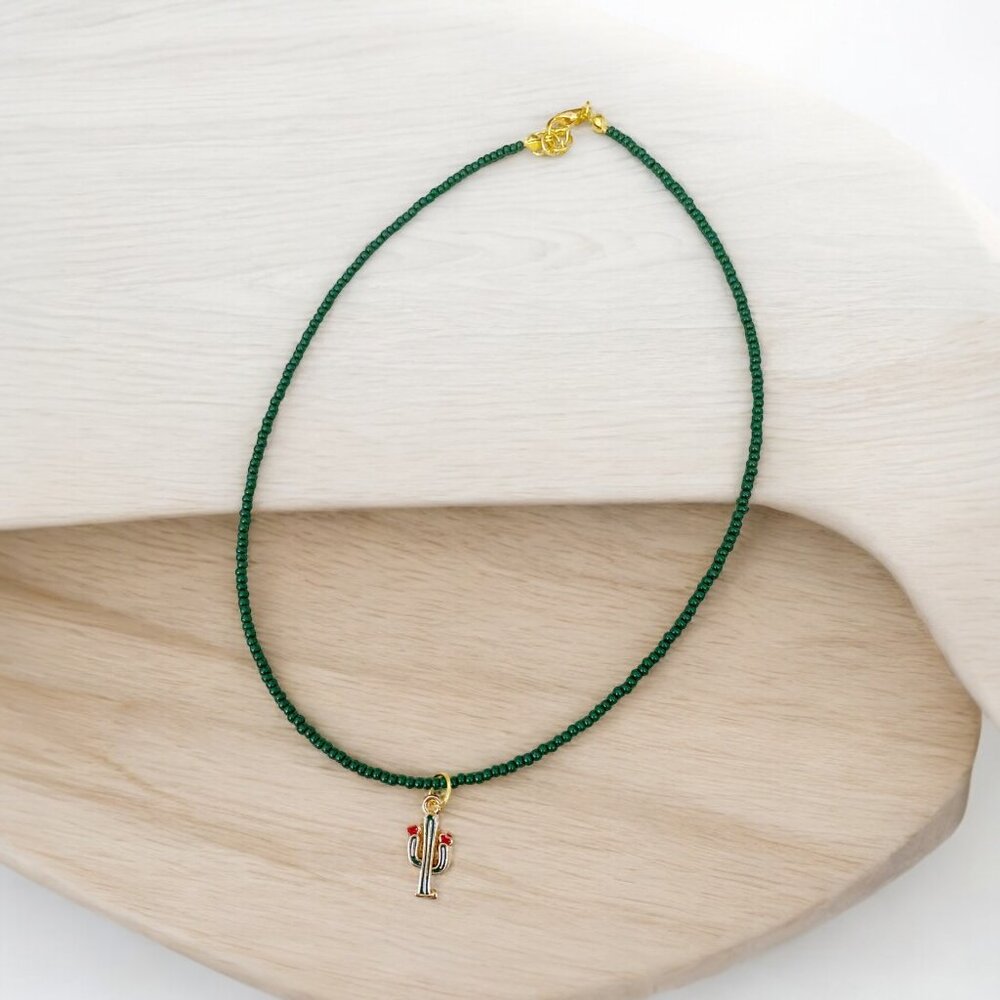 HANDMADE Green Seed Bead Cactus Charm Pendant Choker Charm Boho Necklace